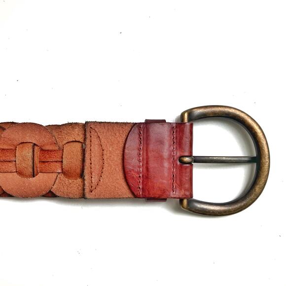 Vintage Woven Cognac Leather Belt | Artisan Patchwork Brass Buckle | Fossil Y2K - Picture 9 of 13